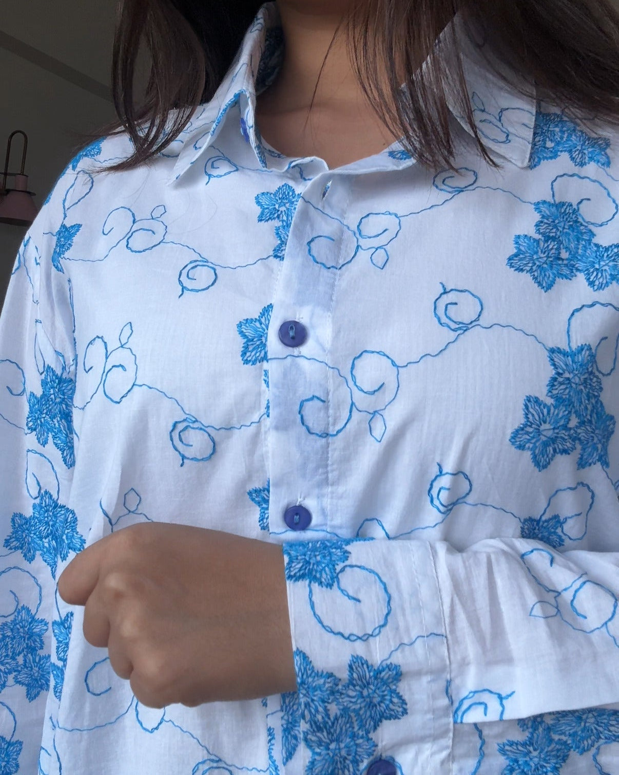 Blue Floral Embroidered Button Down Shirt