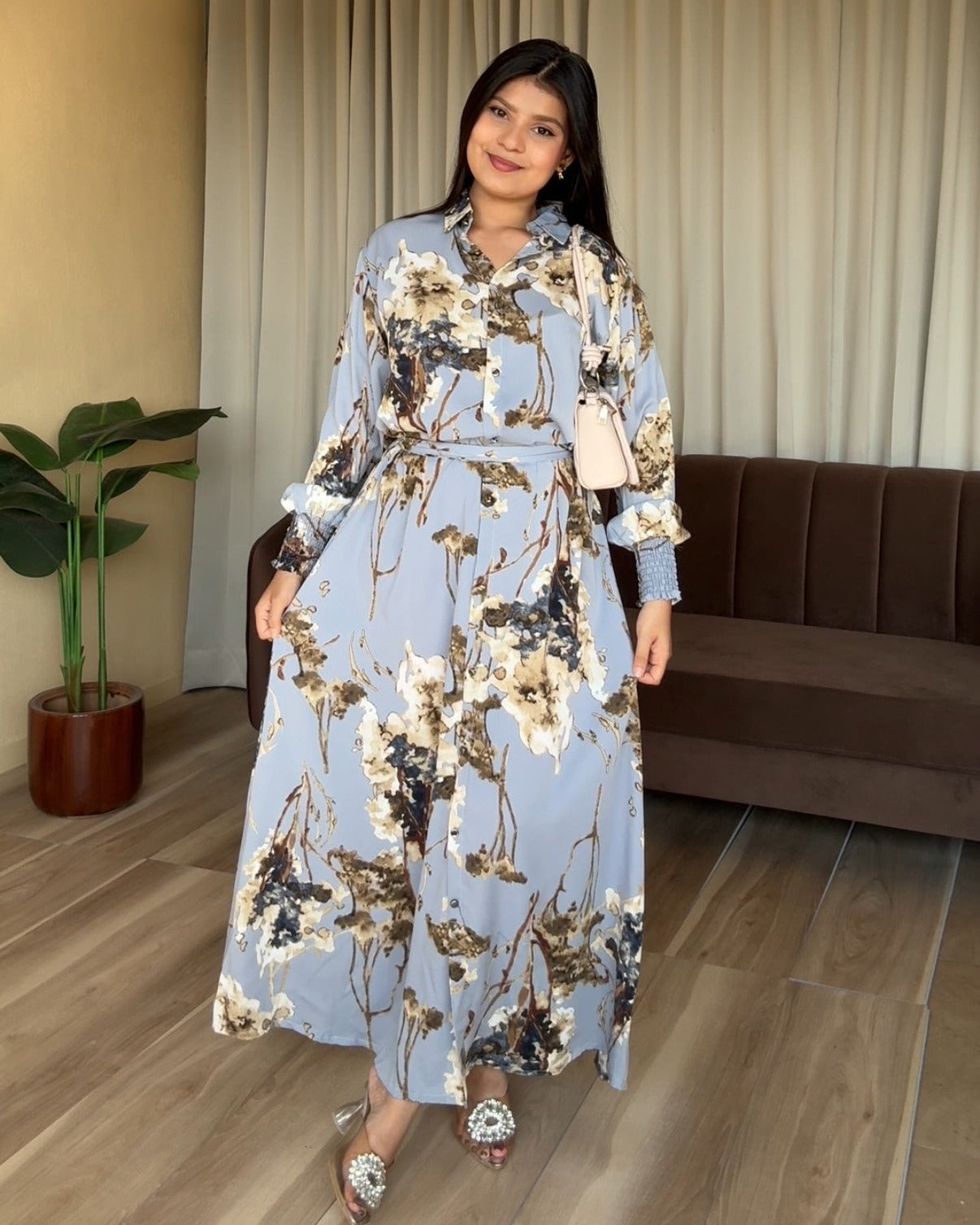 Blue Floral Printed Shirt Midi Dress With Belt
