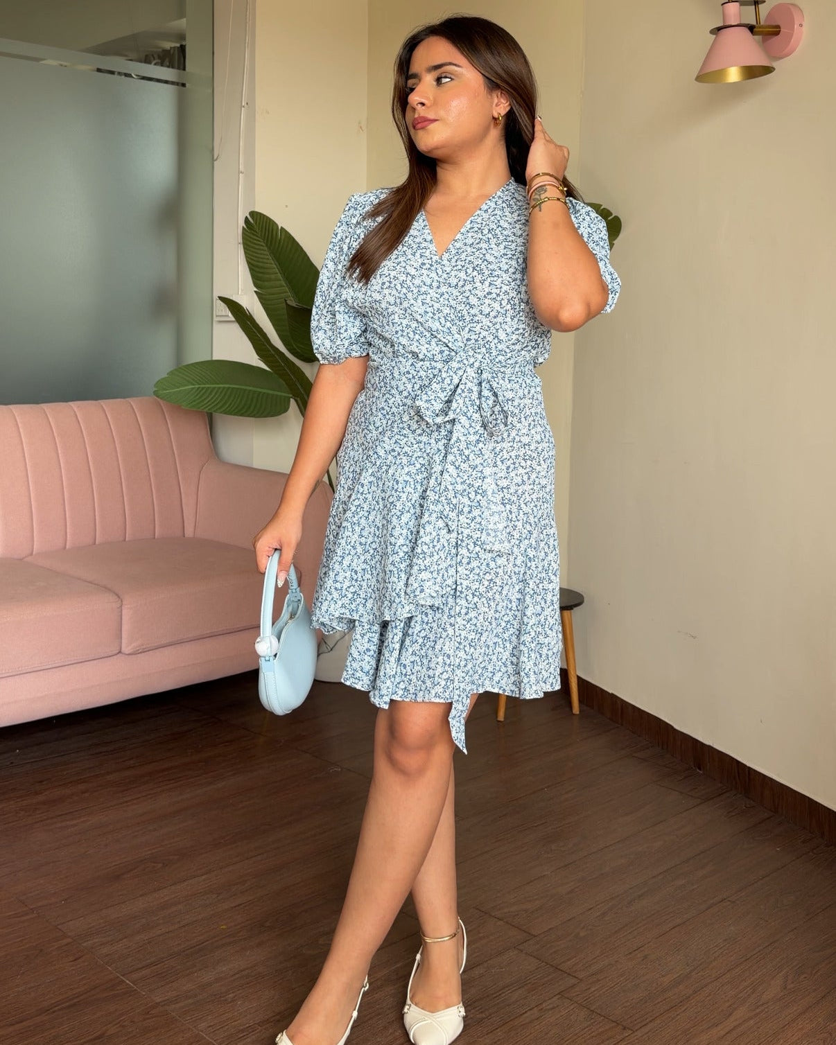 Blue Floral Puff Sleeve Wrap Mini Dress