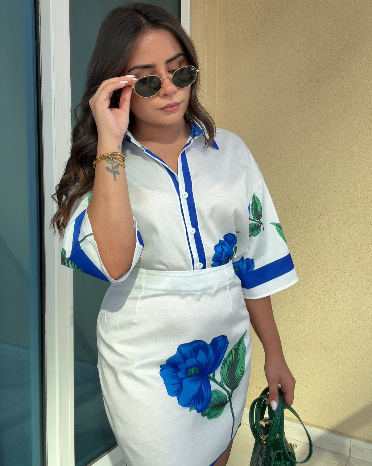 Blue Floral Shirt And Skirt Set