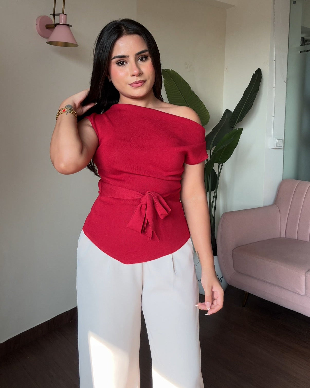 Boat Neck Tie Up Asymmetrical Hem Knitted Top