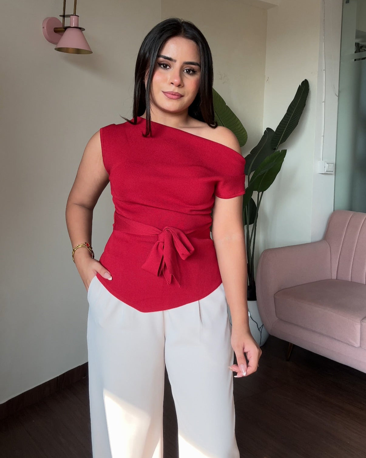 Boat Neck Tie-Up Asymmetrical Hem Knitted Top