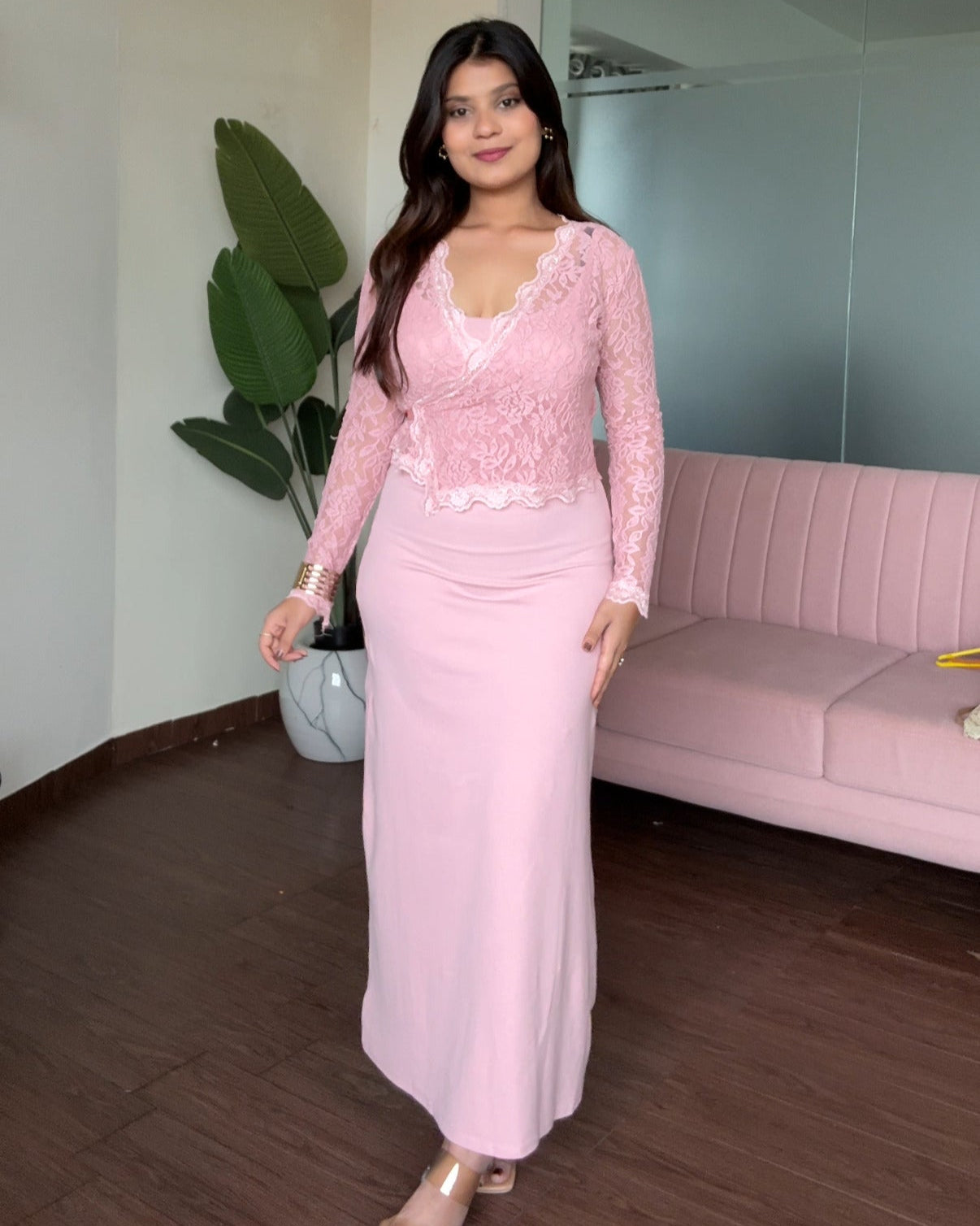Bodycon Fitted Midi Dress With Lace Shrug