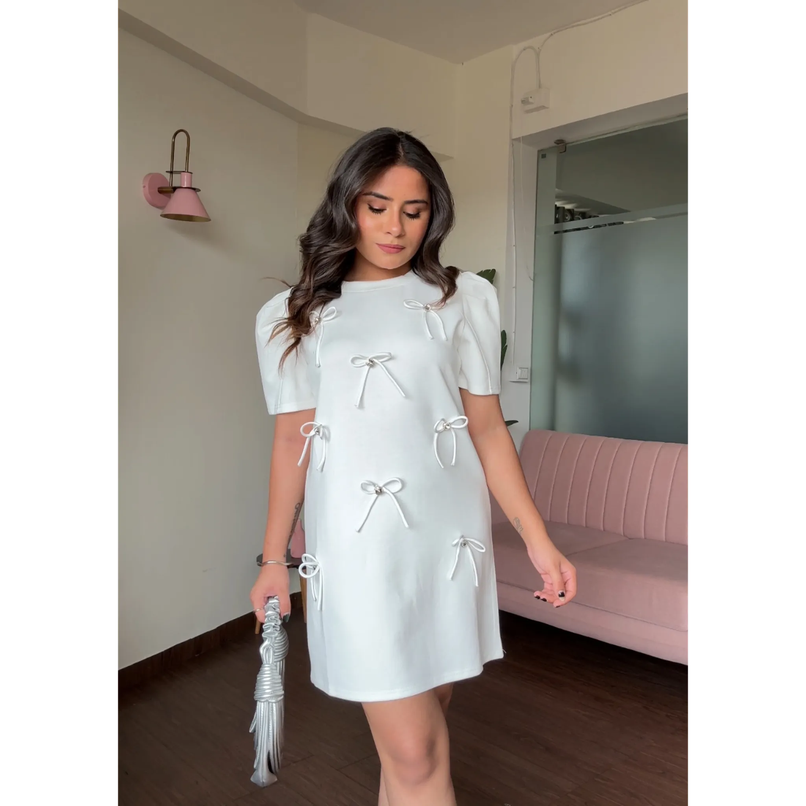 Bow Detail Puff Sleeves T-Shirt Dress