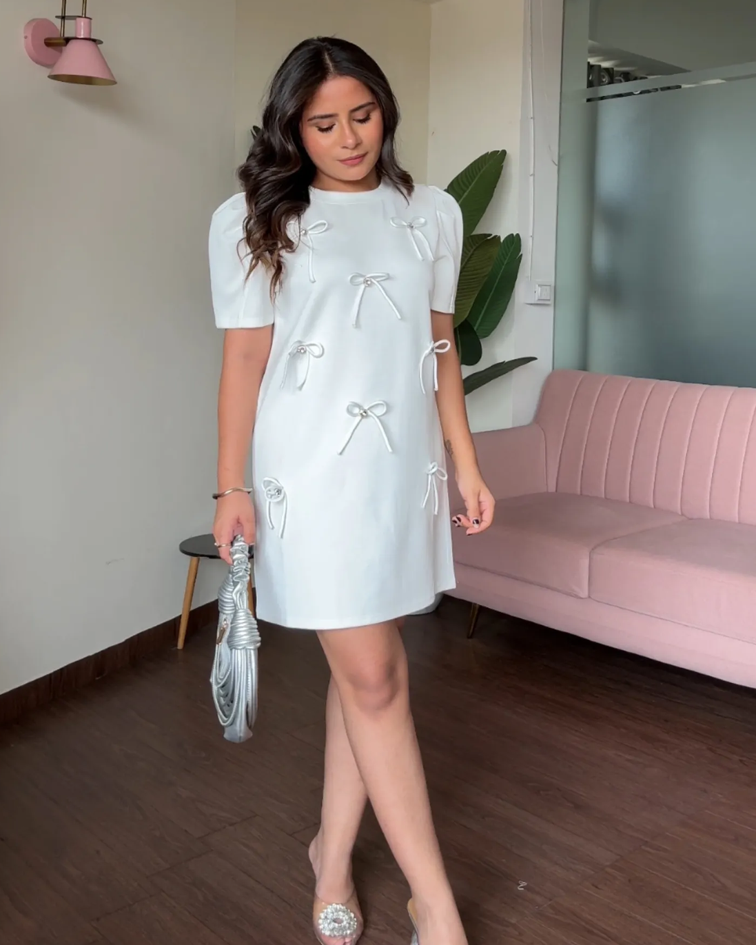 Bow Detail Puff Sleeves T-Shirt Dress