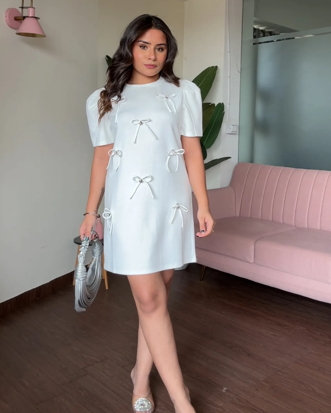 Bow Detail Puff Sleeves T-Shirt Dress