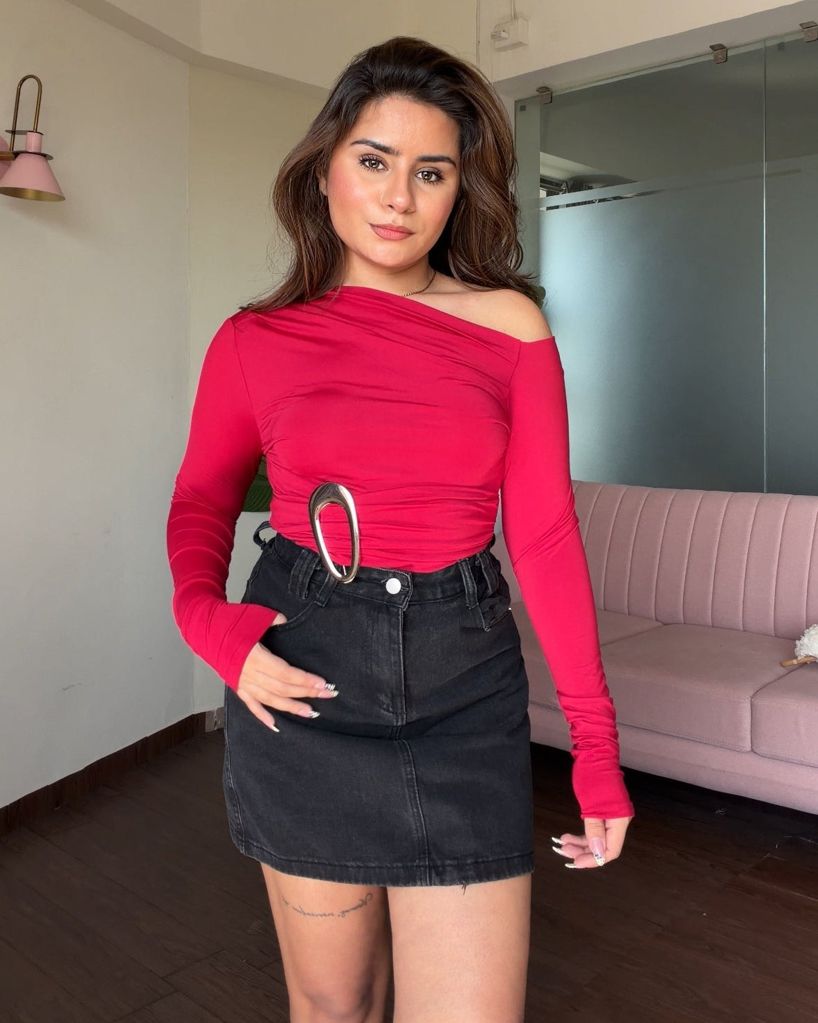 Buckle Ruched Detailing Boat Neck Bodysuit