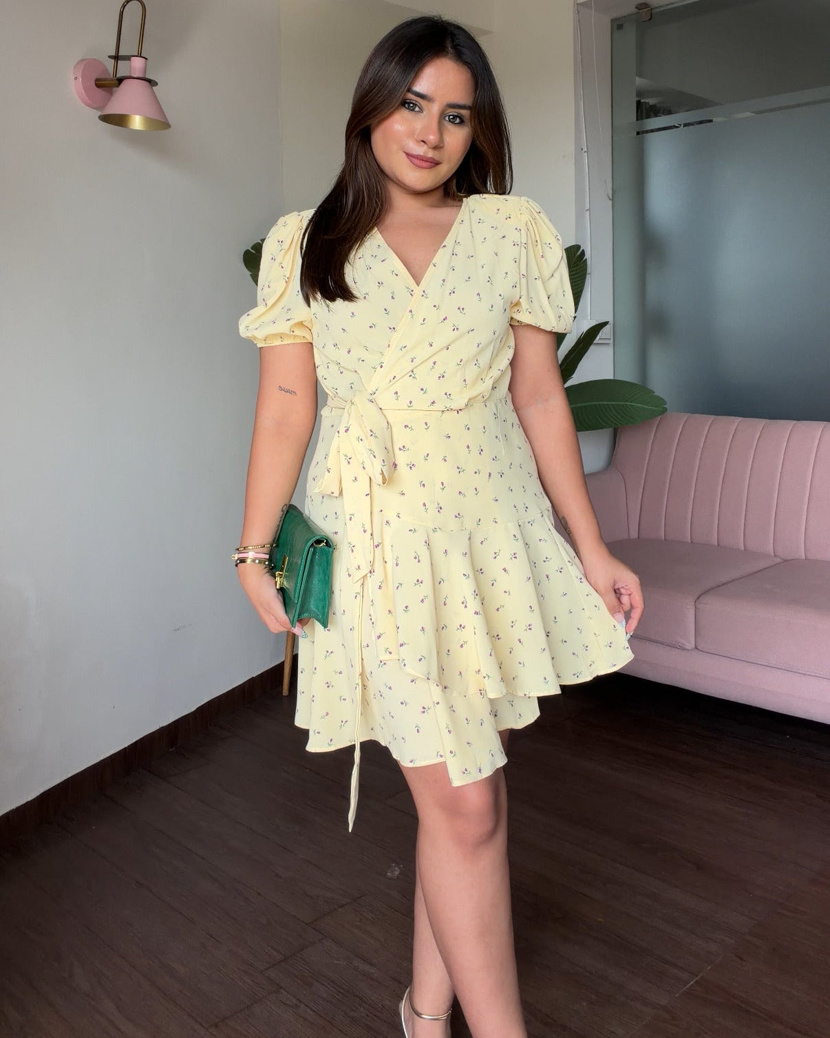Butter Yellow Floral Puff Sleeve Wrap Mini Dress