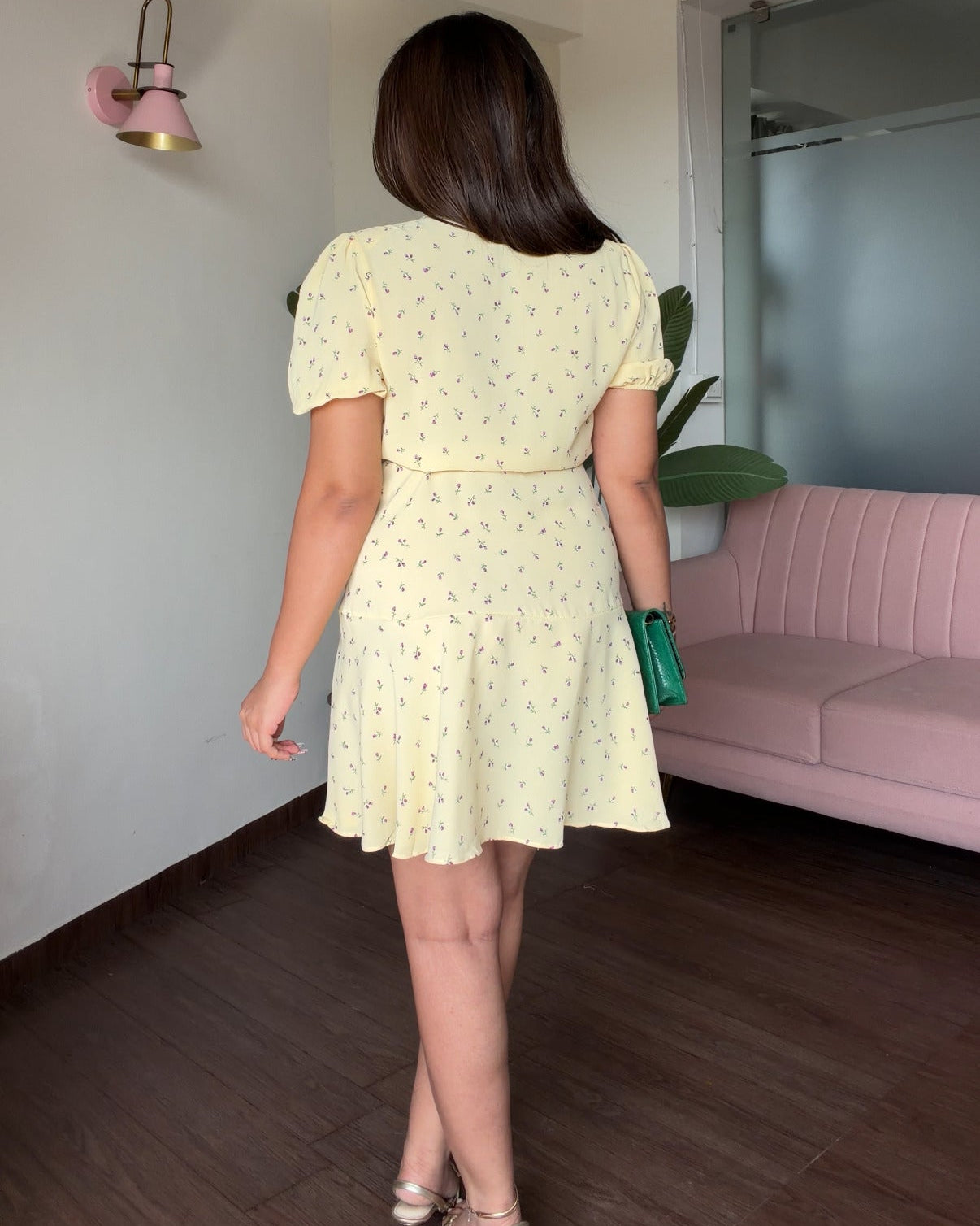 Butter Yellow Floral Puff Sleeve Wrap Mini Dress