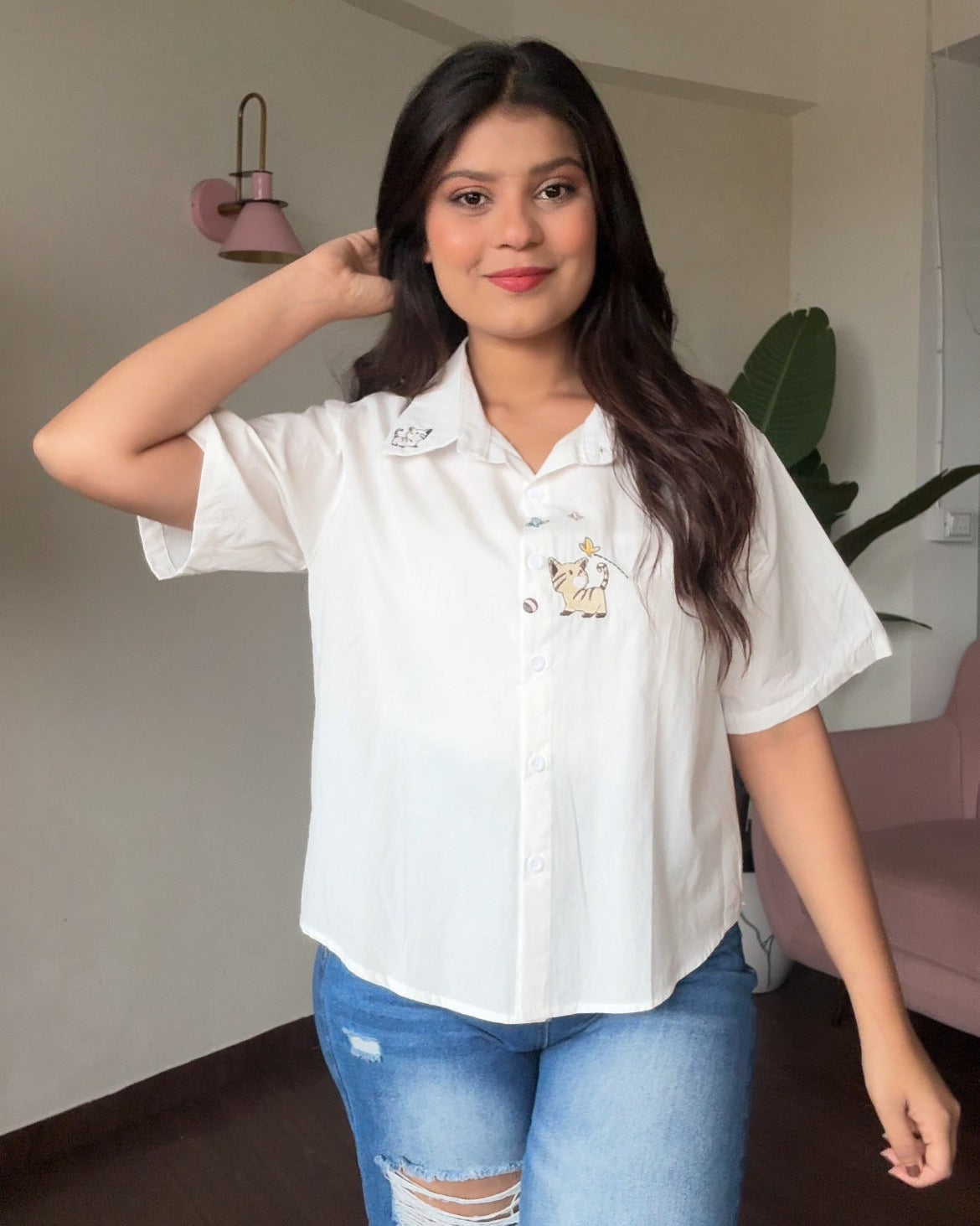 Cat Embroidered Solid White Cotton Cropped Shirt