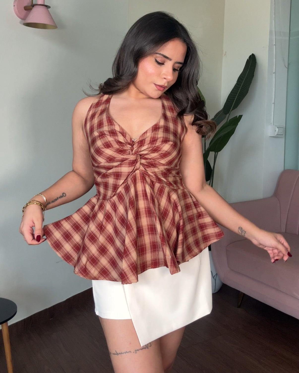 Checker Halter Neck Peplum Top