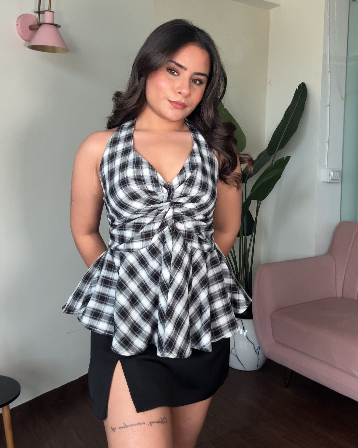 Checker Halter Neck Peplum Top