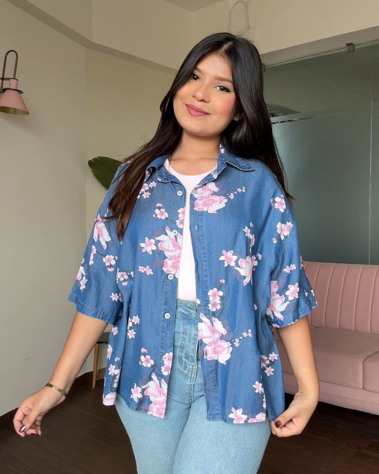 Cherry Blossom Printed Light Weight Denim Shirt