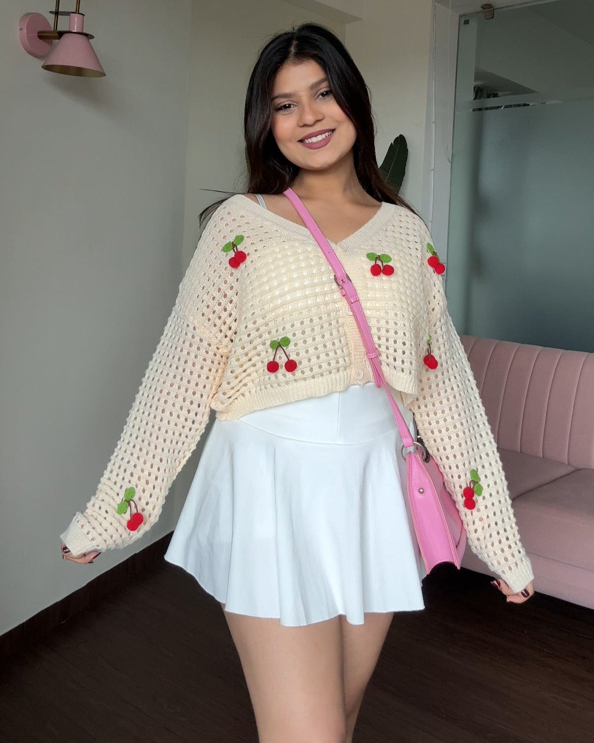 Cherry Crochet Cropped Baggy Cardigan