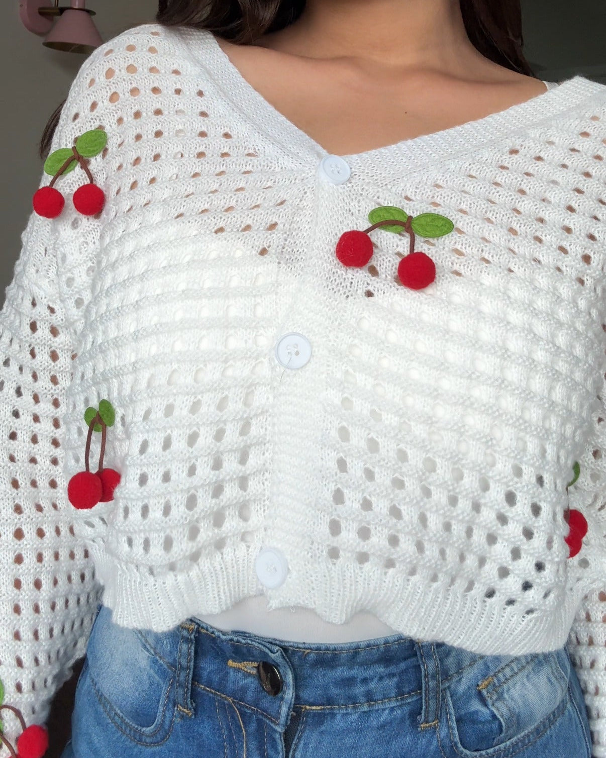Cherry Crochet Cropped Baggy Cardigan