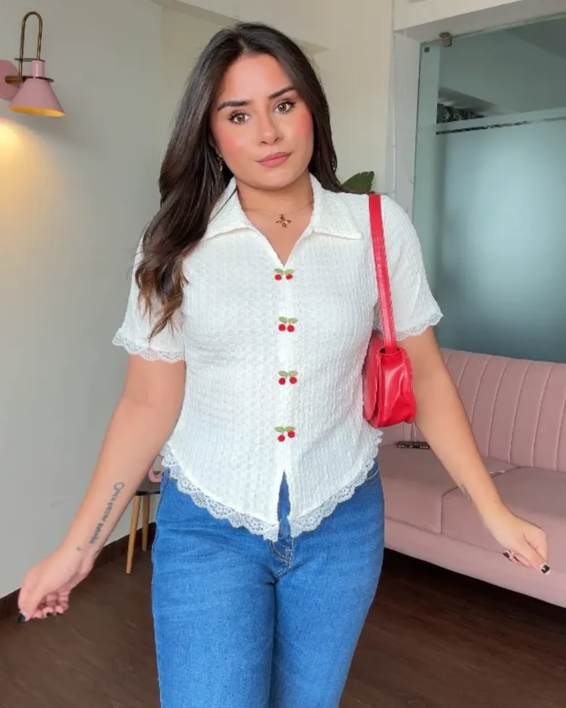 Cherry Detailed Textured Cut Sleeves Collared Top