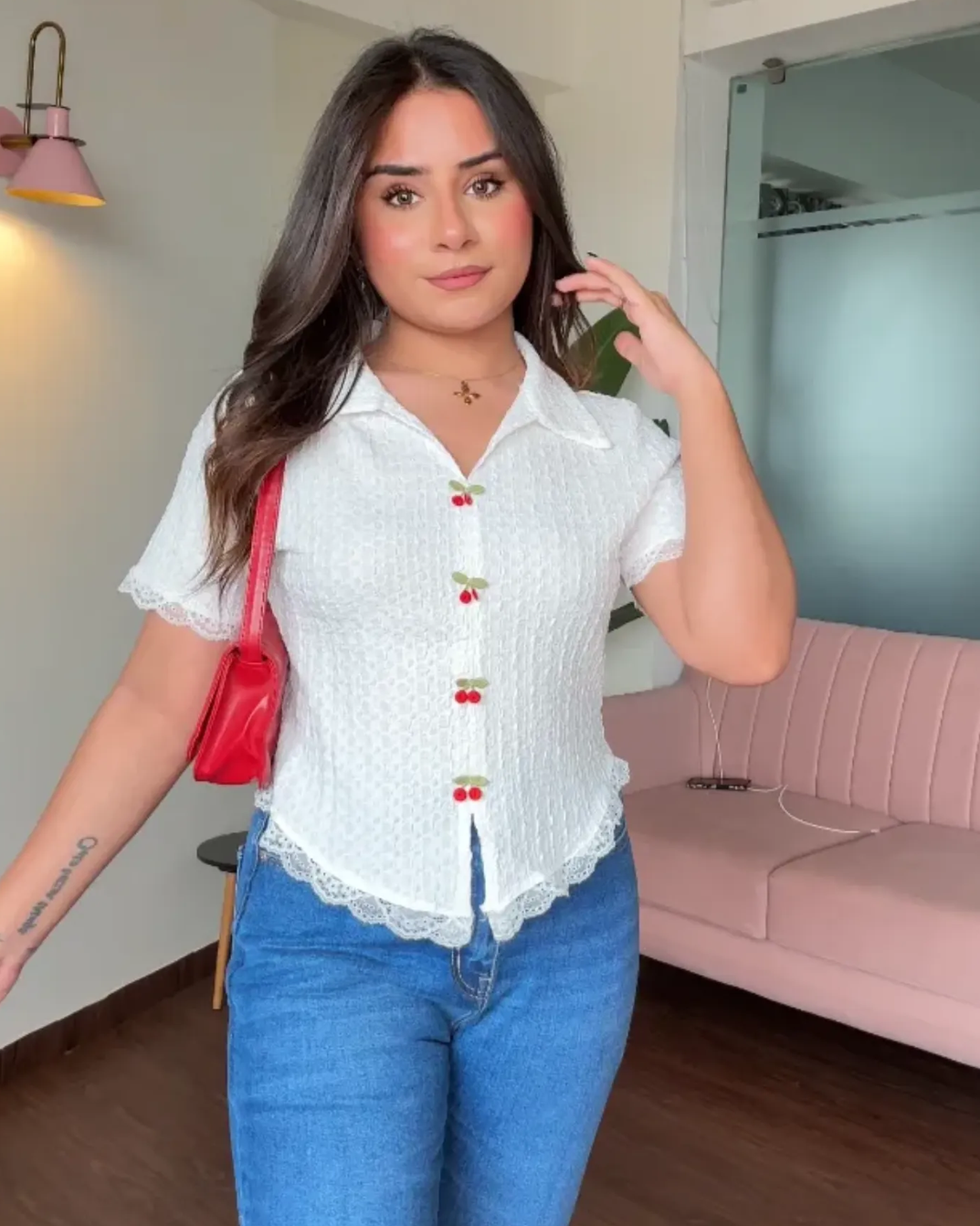 Cherry Detailed Textured Cut Sleeves Collared Top