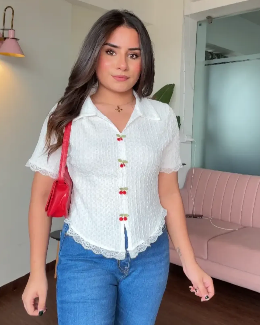 Cherry Detailed Textured Cut Sleeves Collared Top