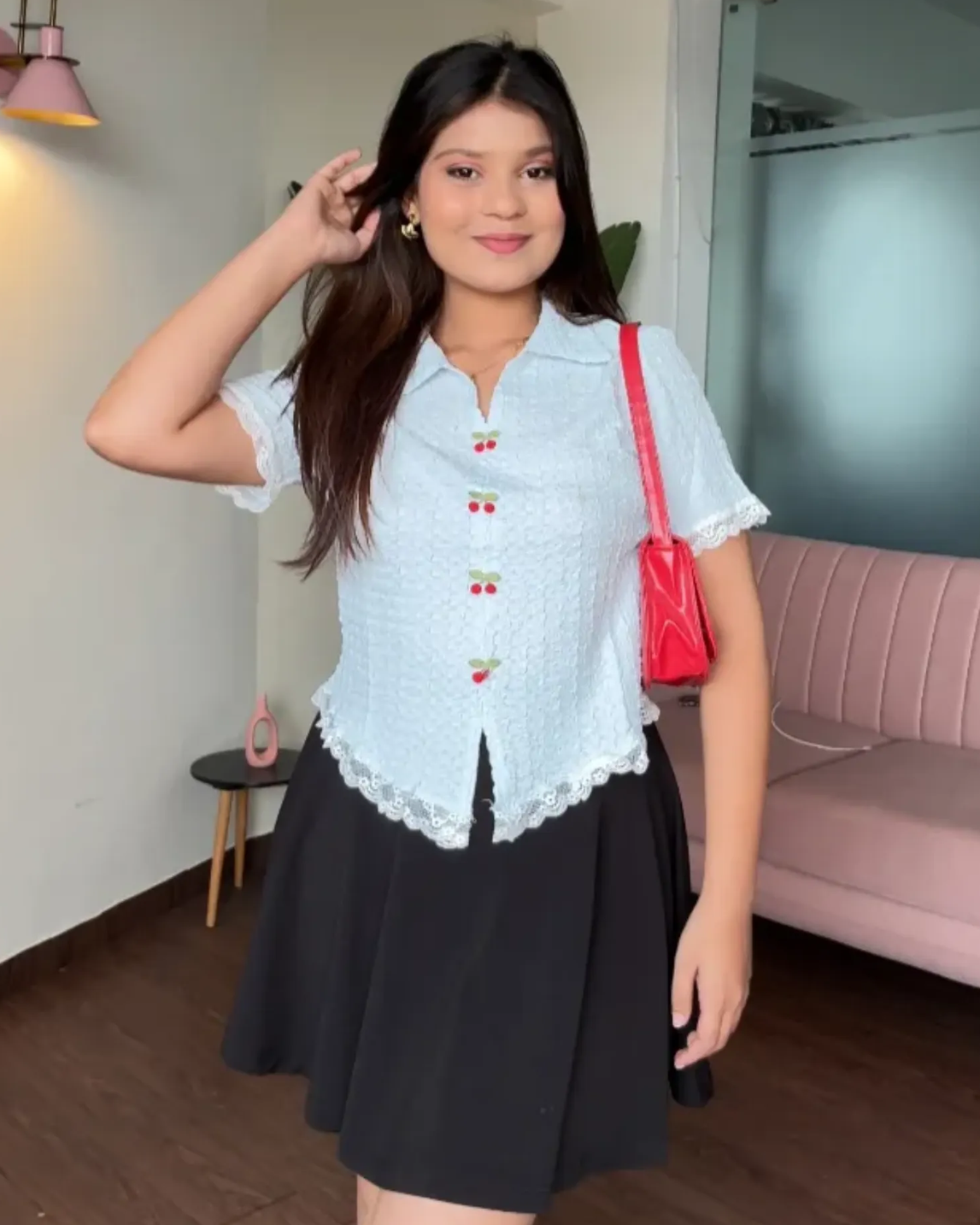 Cherry Detailed Textured Cut Sleeves Collared Top
