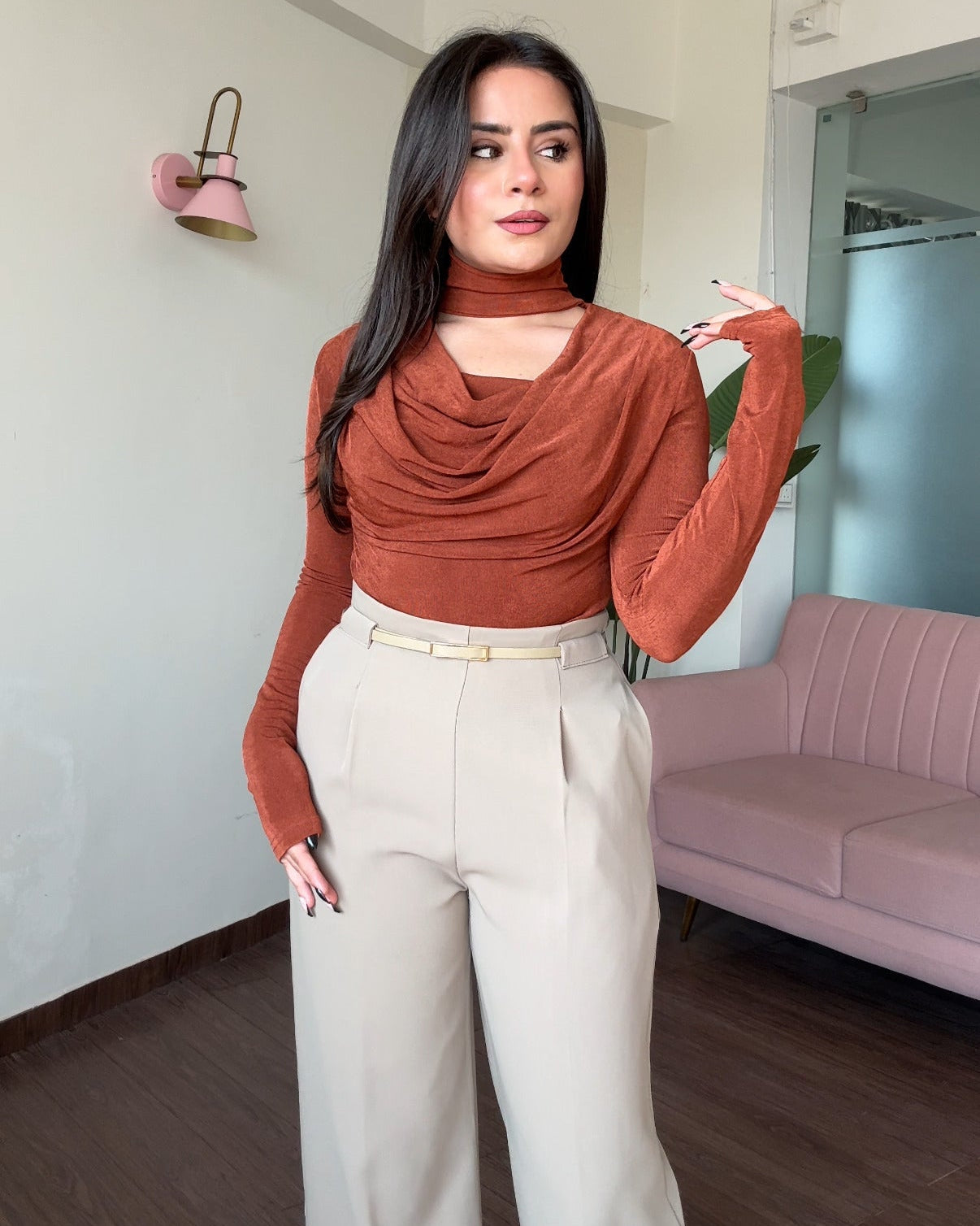 Choker Detailing Drapped Full Sleeve Top