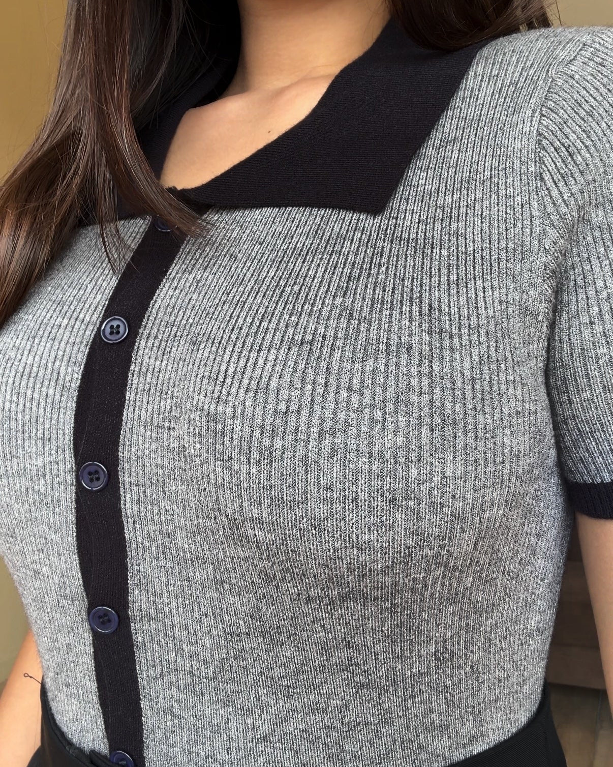 Classic Contrast Button Up Polo Ribbed Top