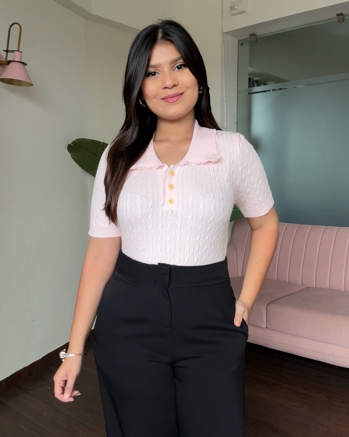 Collar Lacy Detailing Textured Polo Top