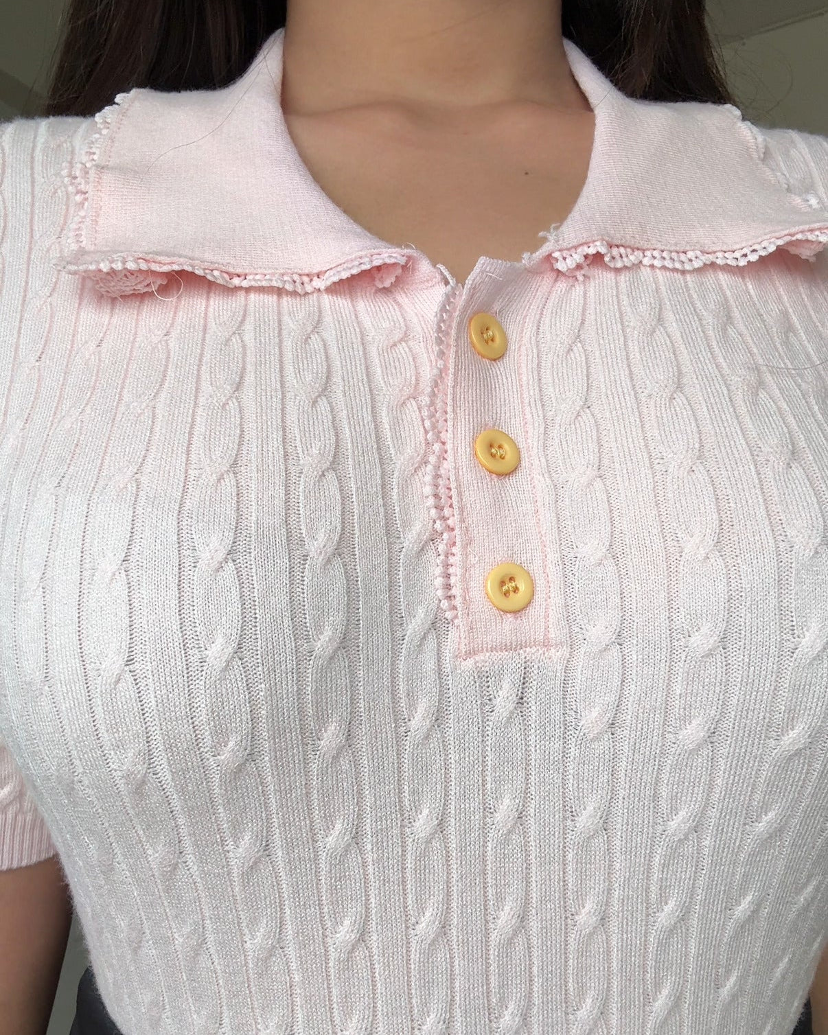 Collar Lacy Detailing Textured Polo Top
