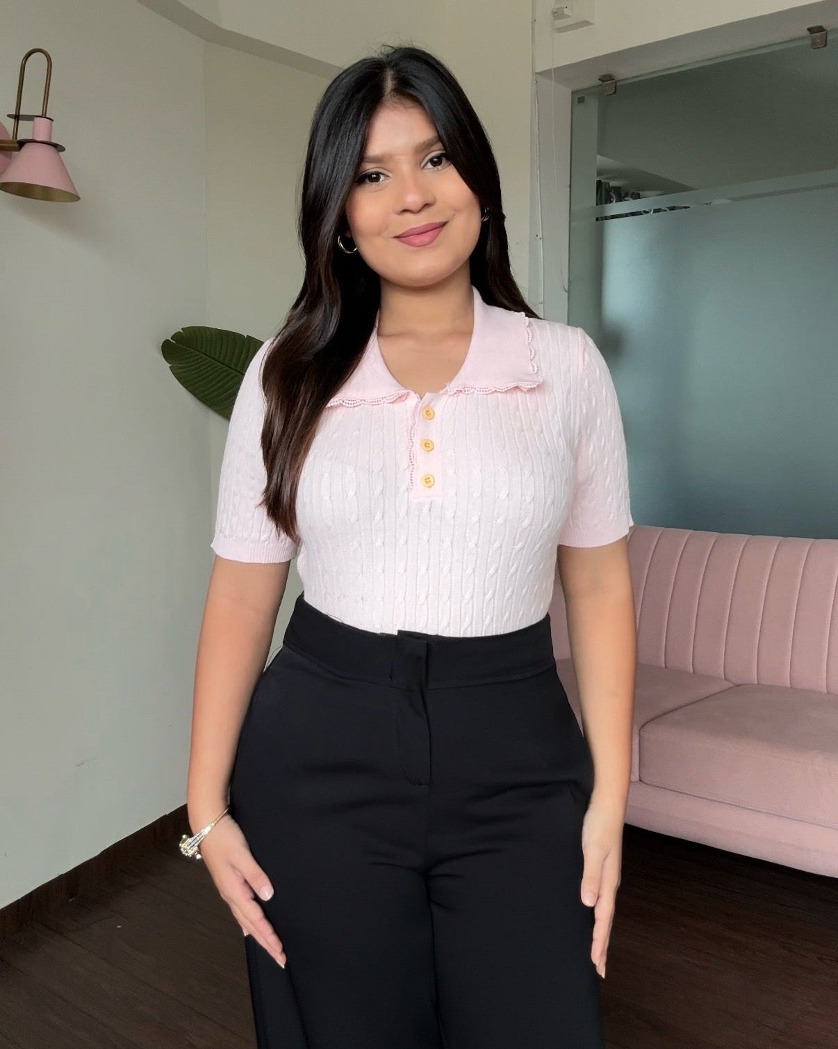 Collar Lacy Detailing Textured Polo Top