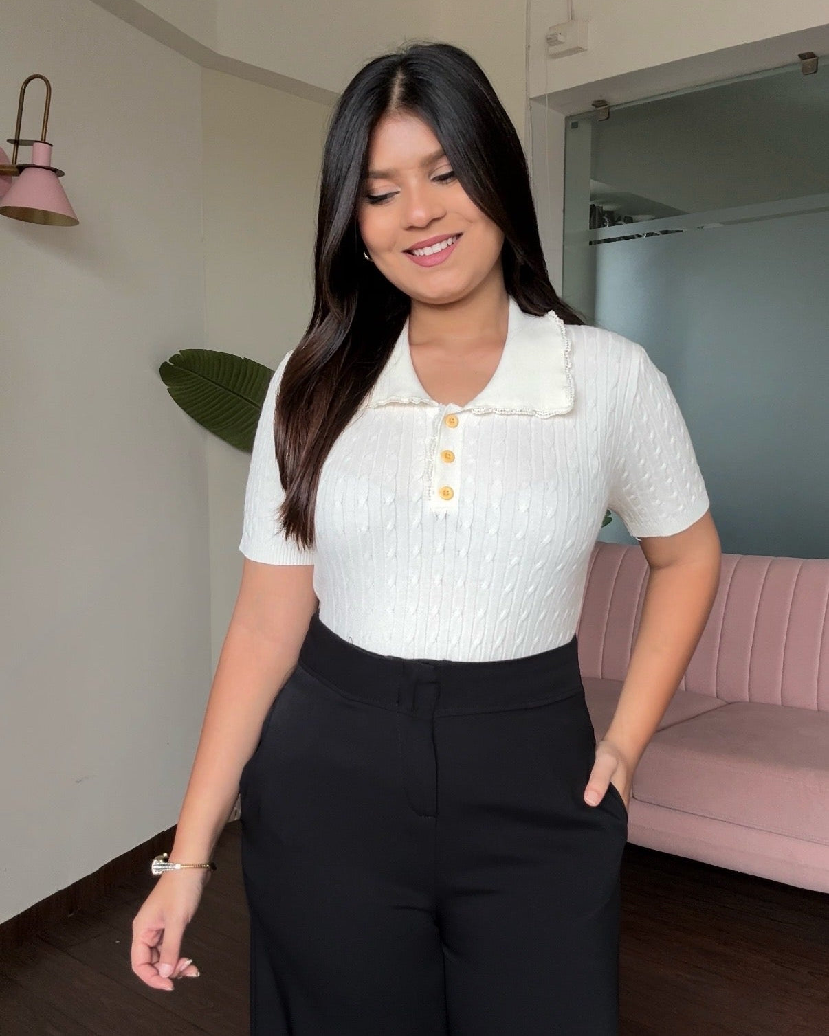 Collar Lacy Detailing Textured Polo Top