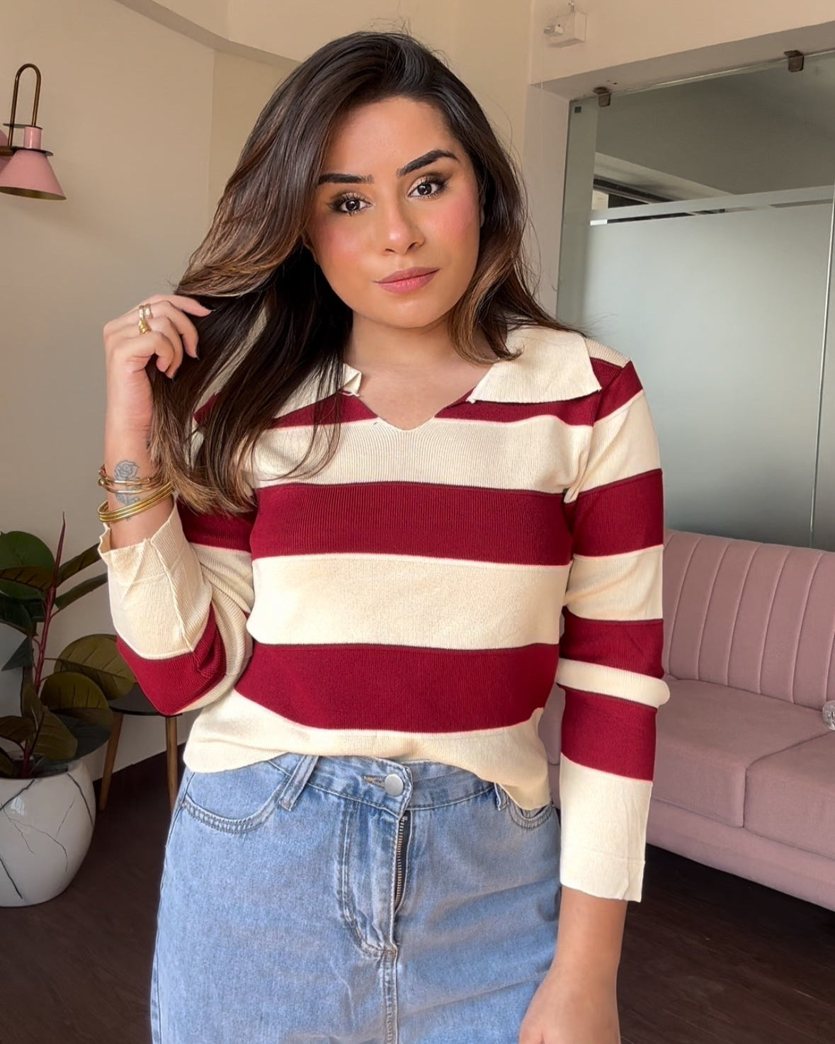 Collared Striped Full Sleeve Top