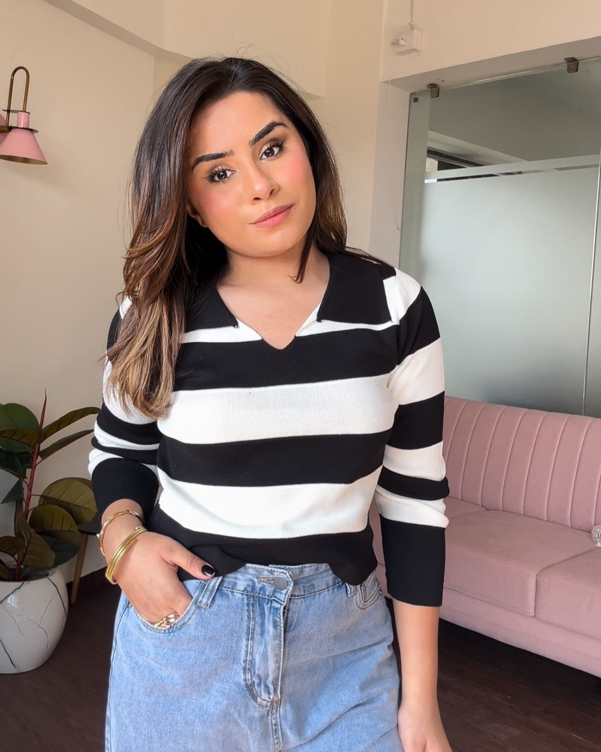 Collared Striped Full Sleeve Top