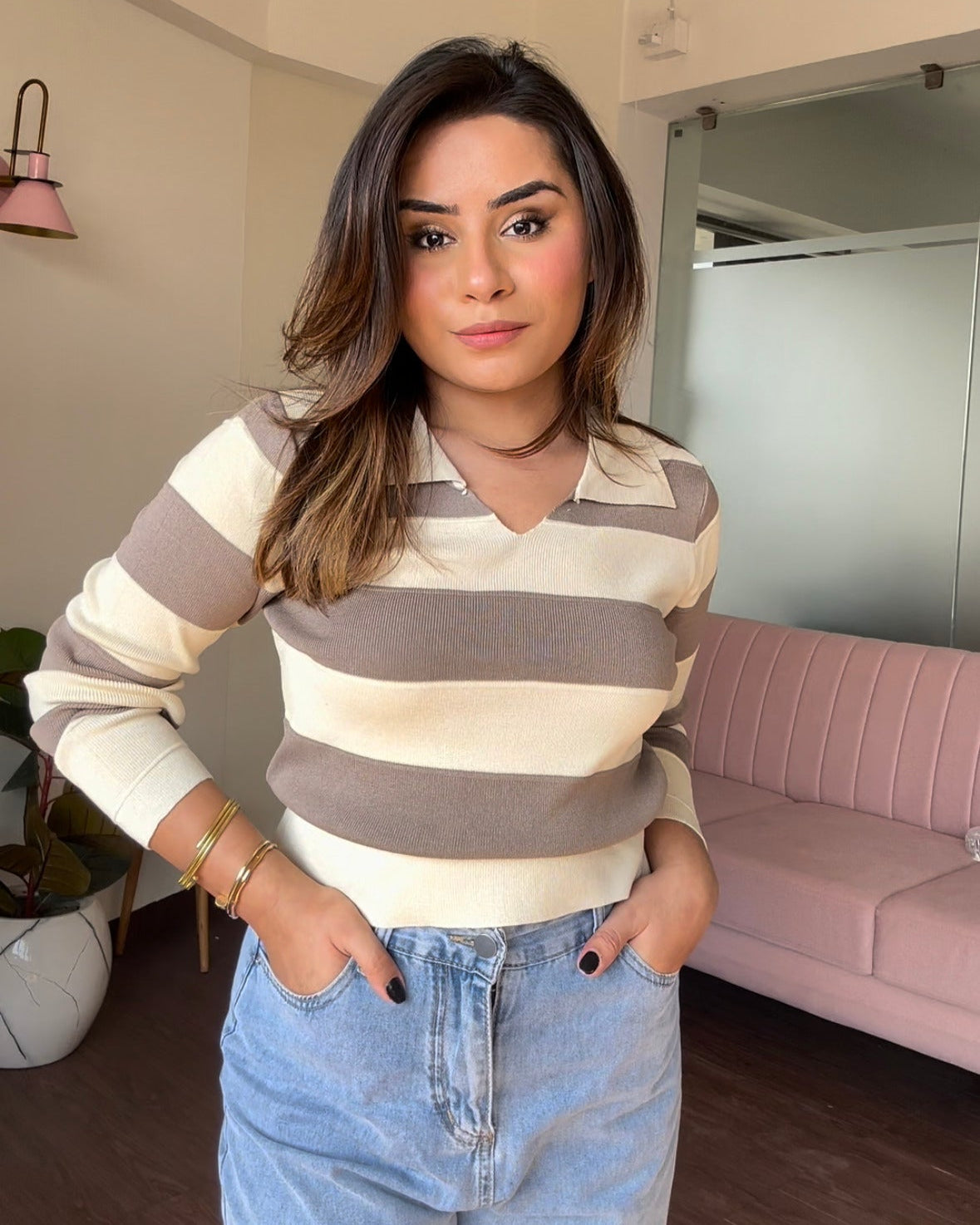Collared Striped Full Sleeve Top