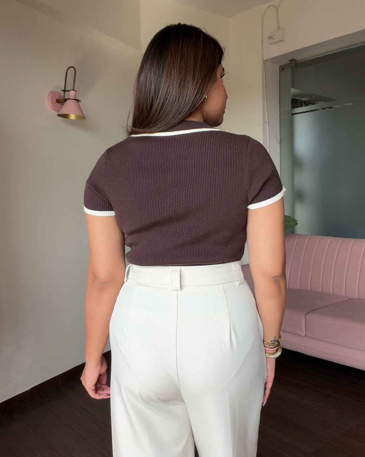 Contrast Button Detailing Polo Ribbed Top