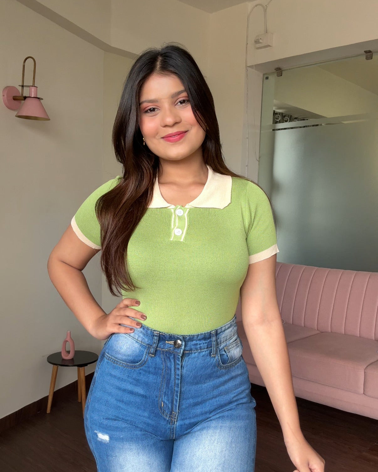 Contrast Button Up Collared Top