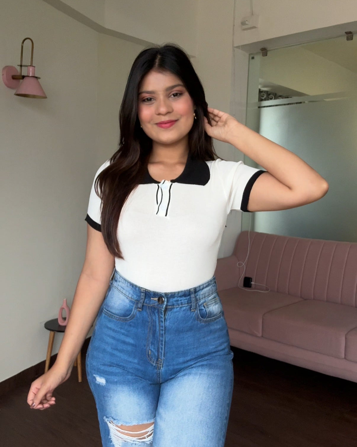 Contrast Button Up Collared Top