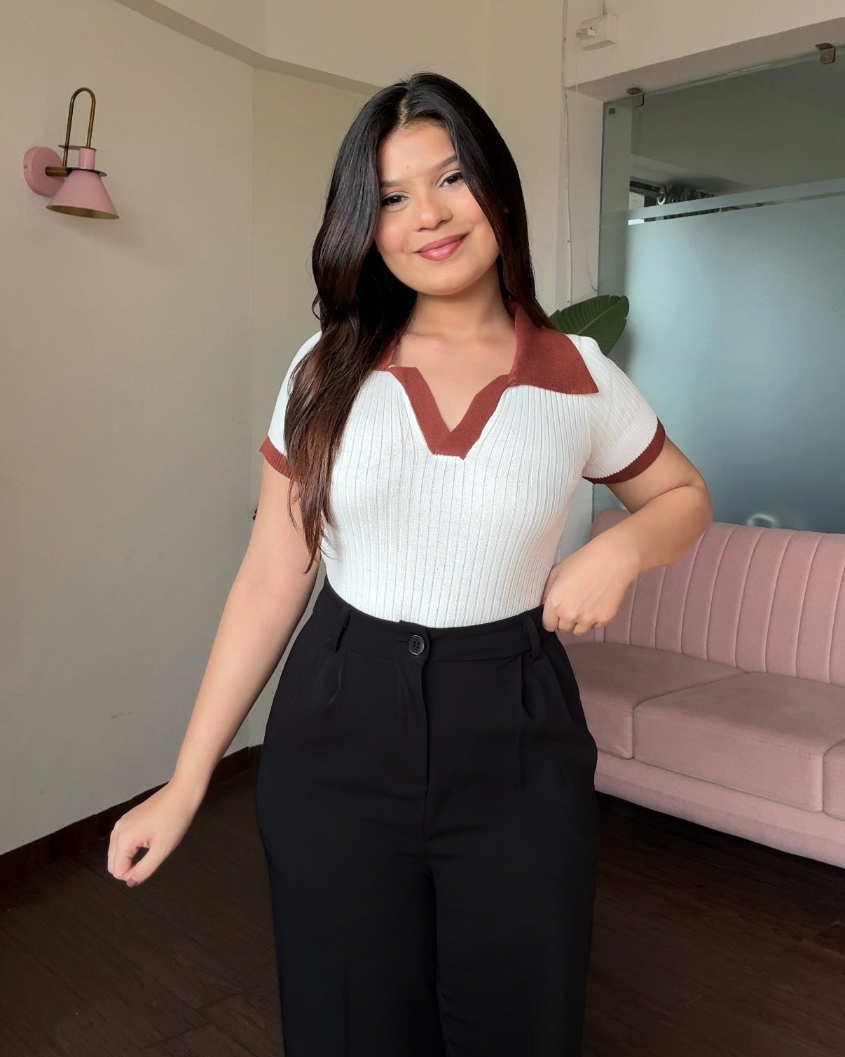 Contrast Collar Ribbed Bodycon Top