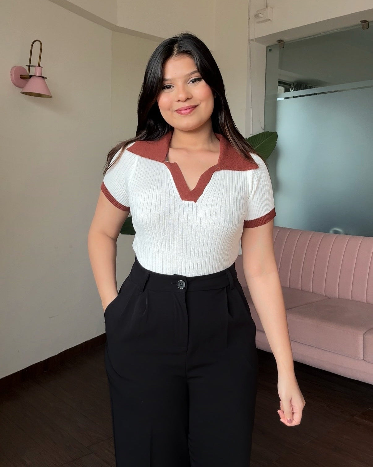 Contrast Collar Ribbed Bodycon Top