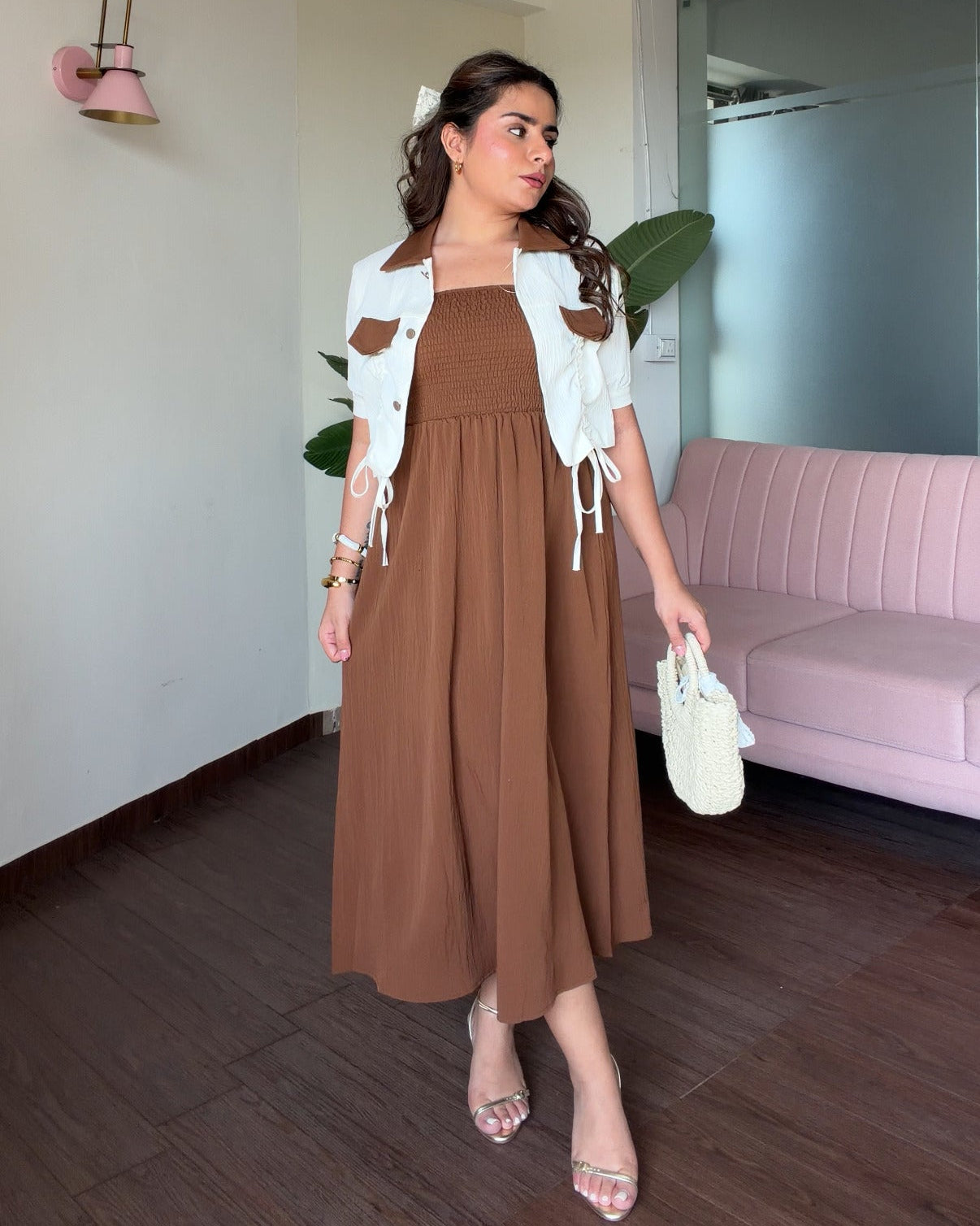 Contrast Collar Ruched Detailing Dress With Shrug