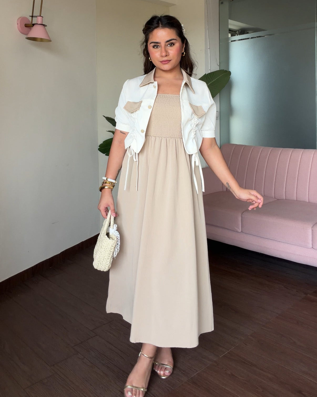 Contrast Collar Ruched Detailing Dress With Shrug