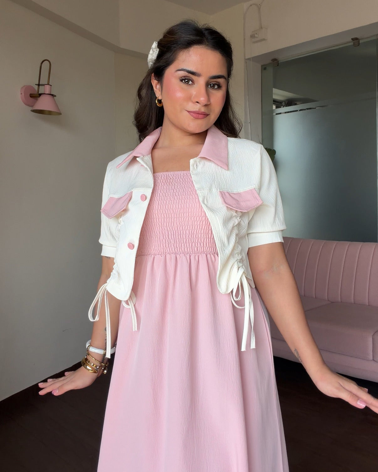 Contrast Collar Ruched Detailing Dress With Shrug