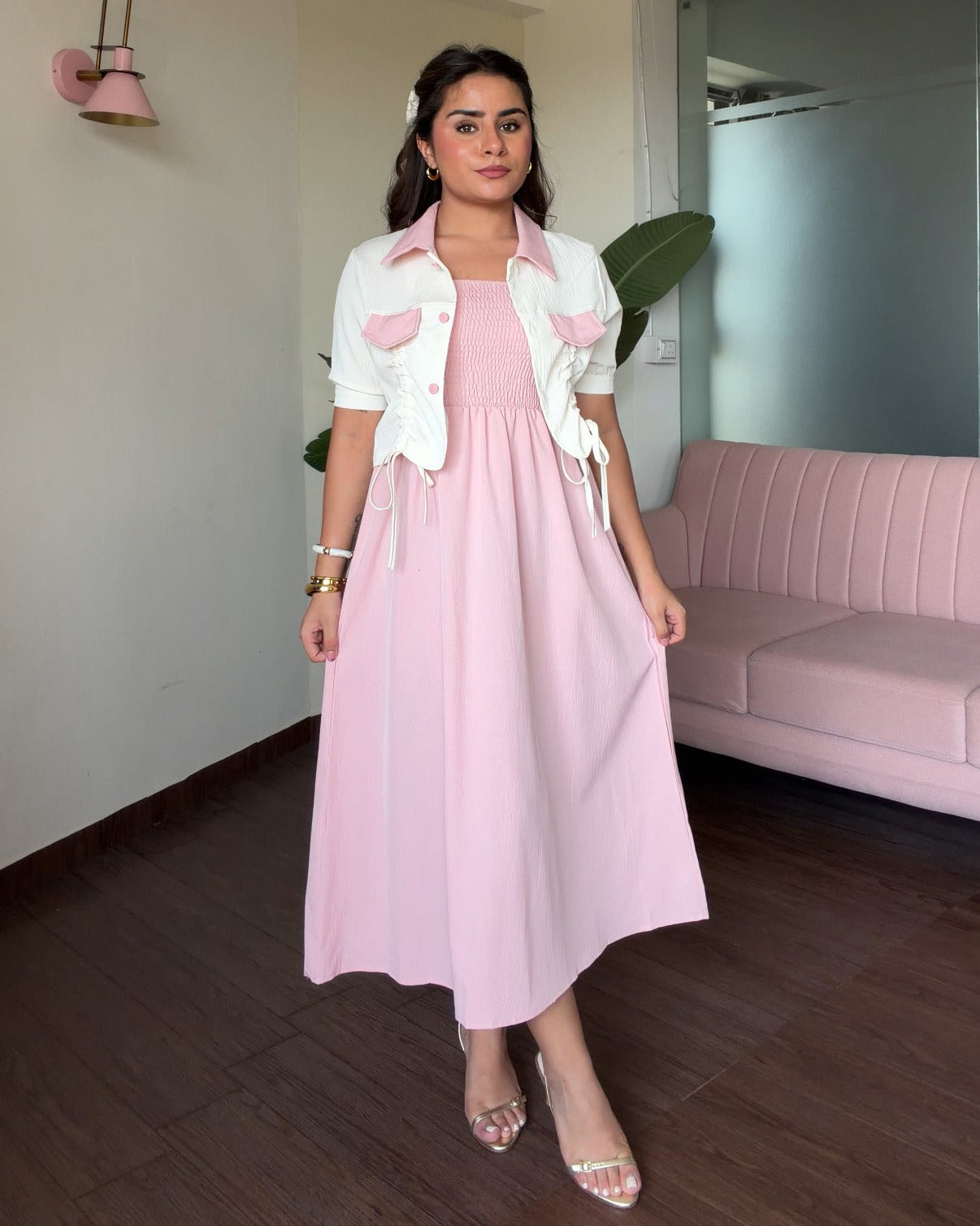 Contrast Collar Ruched Detailing Dress With Shrug