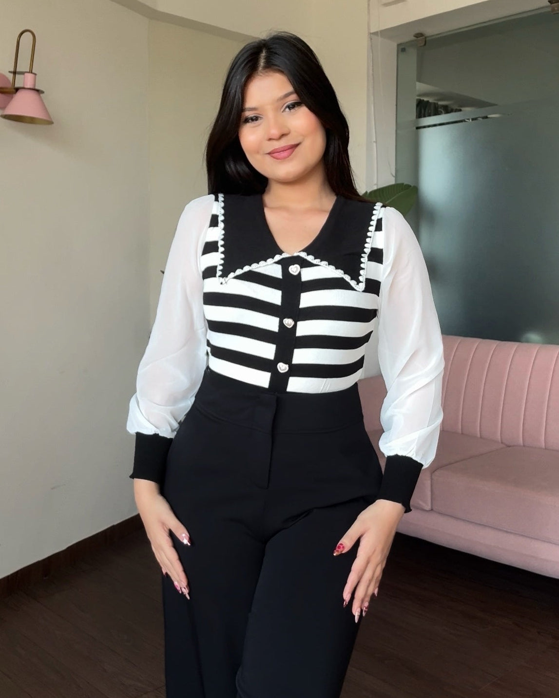 Contrast Collar Striped Button Up Top