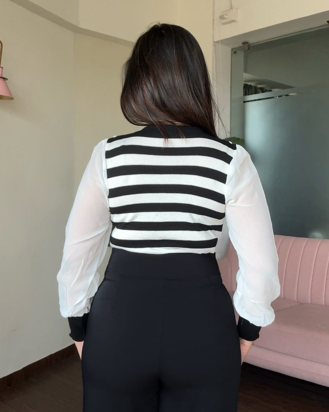 Contrast Collar Striped Button Up Top