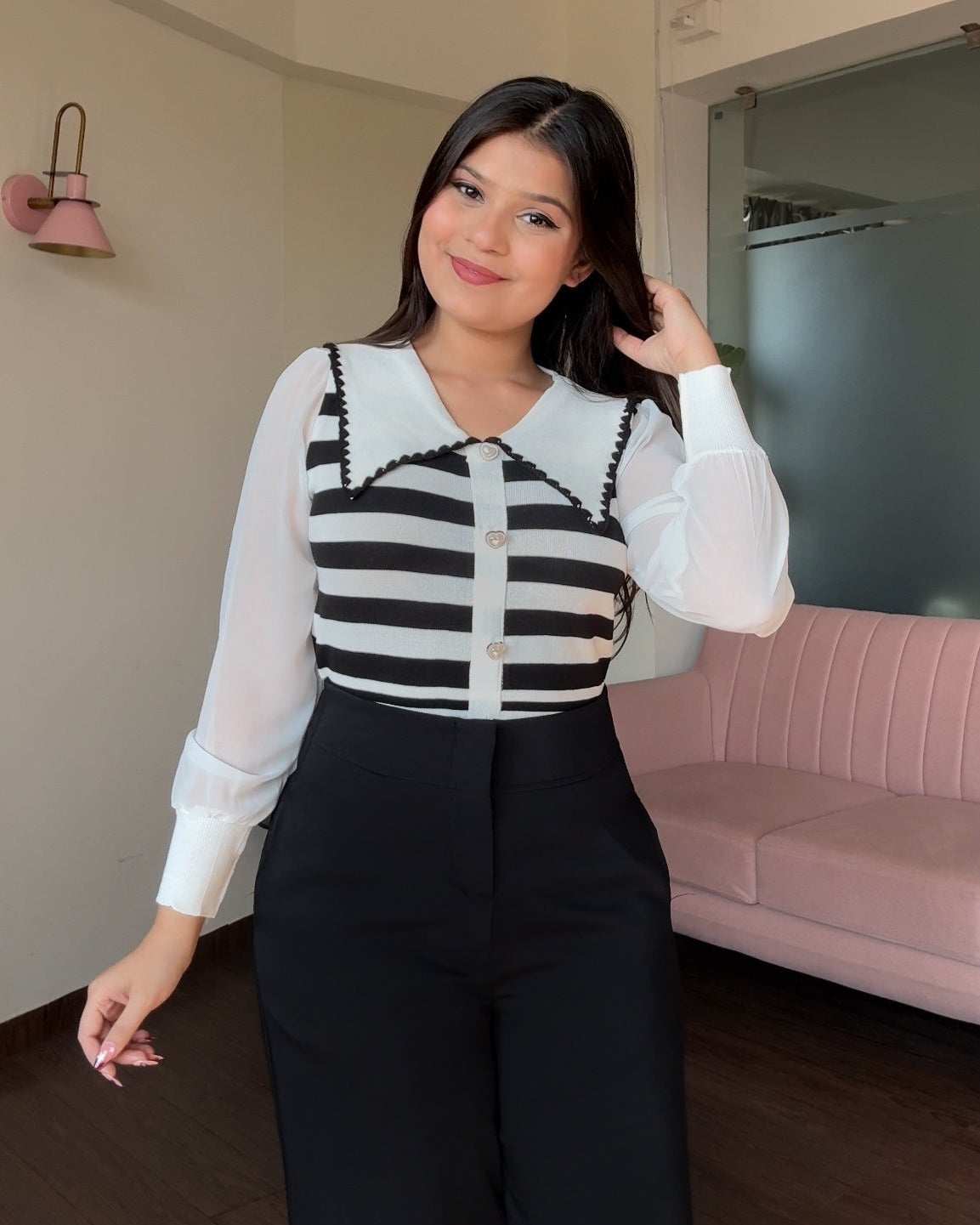 Contrast Collar Striped Button Up Top
