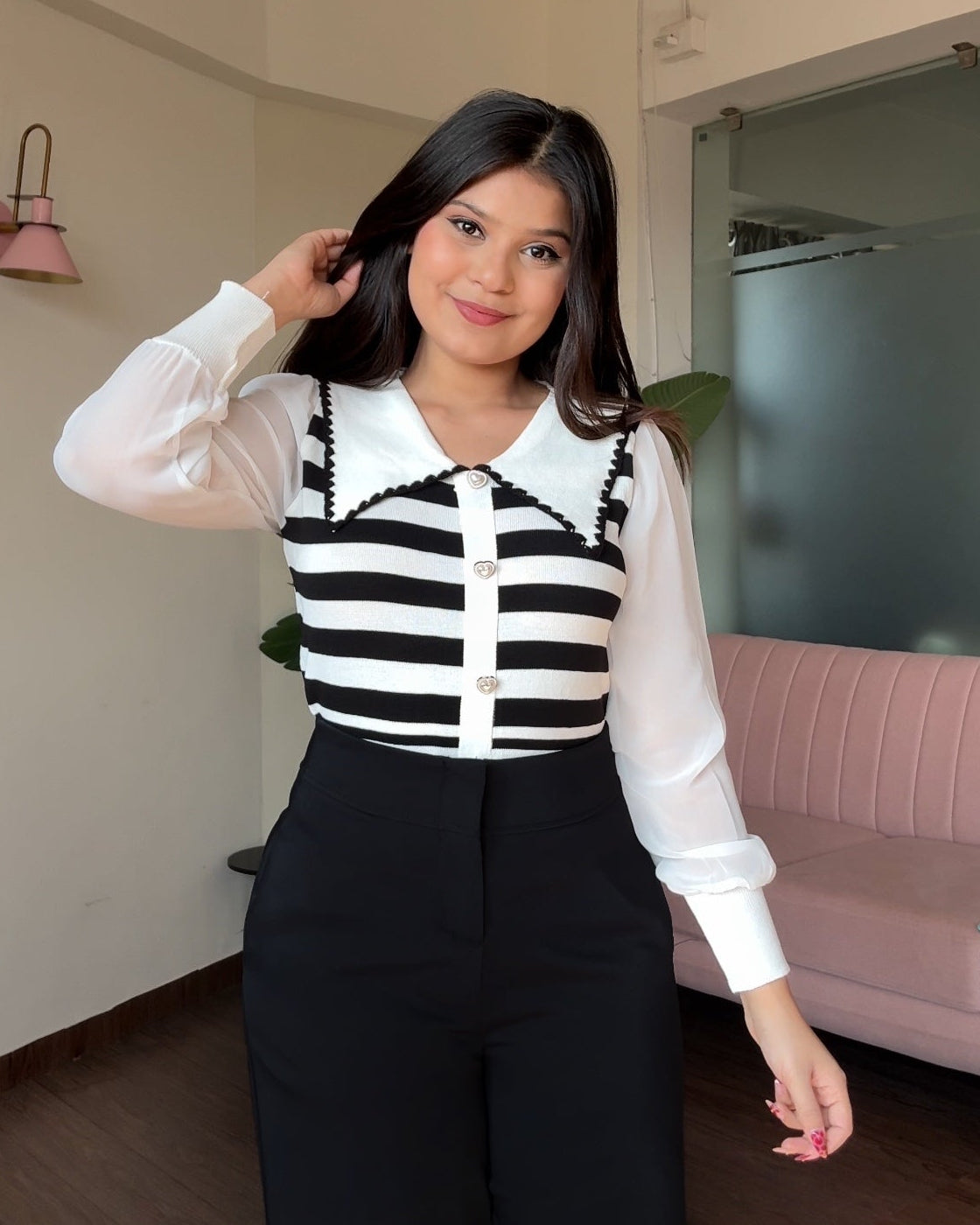 Contrast Collar Striped Button Up Top