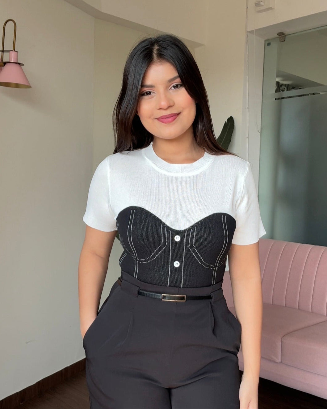 Contrast Detailing Knitted Corset Pattern Top