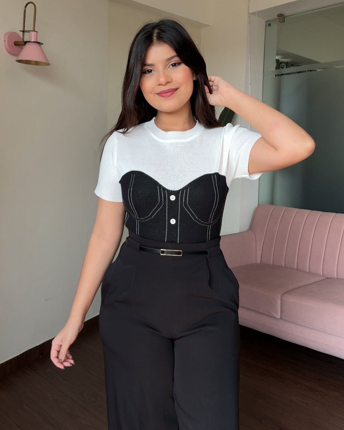 Contrast Detailing Knitted Corset Pattern Top