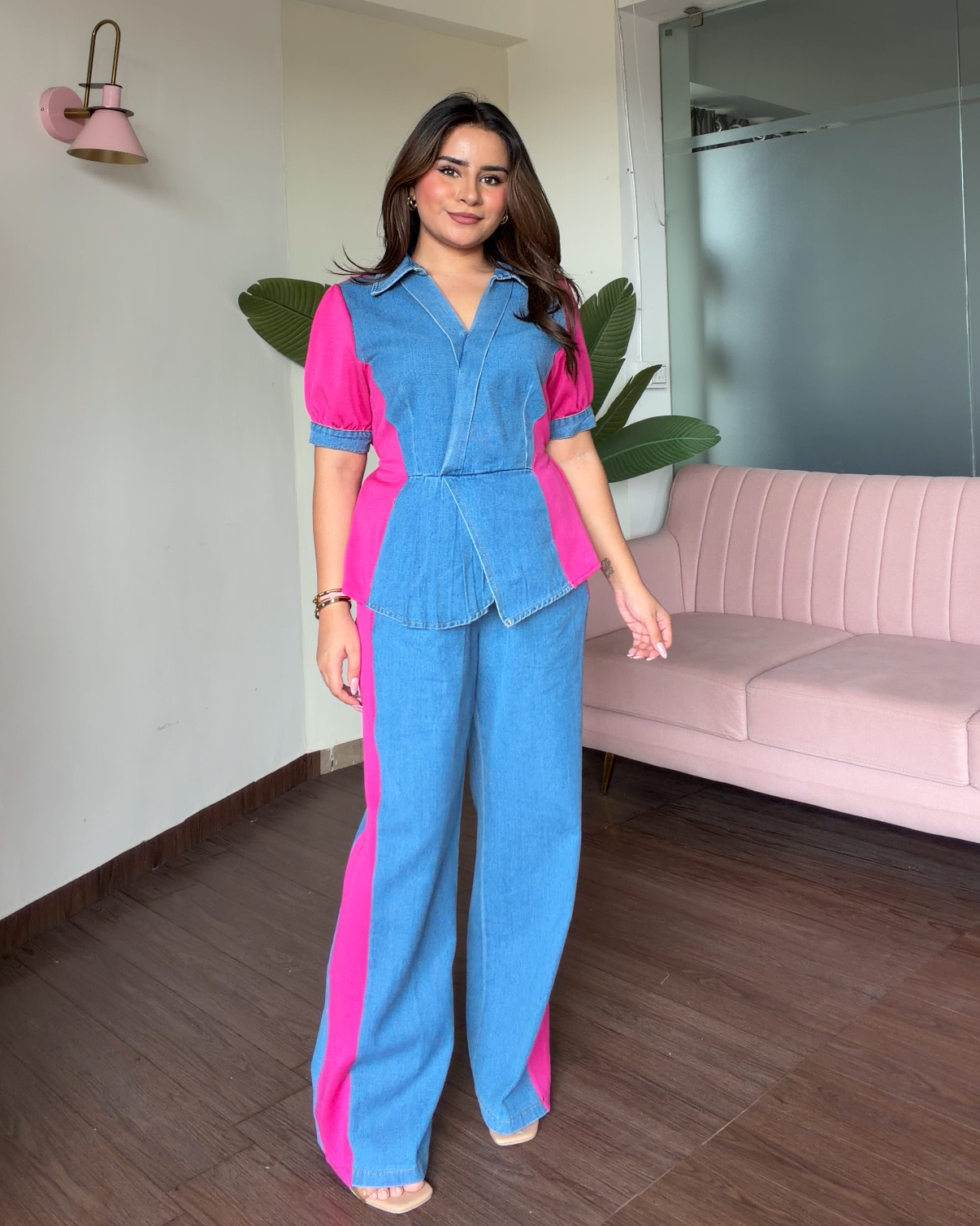 Contrast Detailing Peplum Denim Co-ord Set