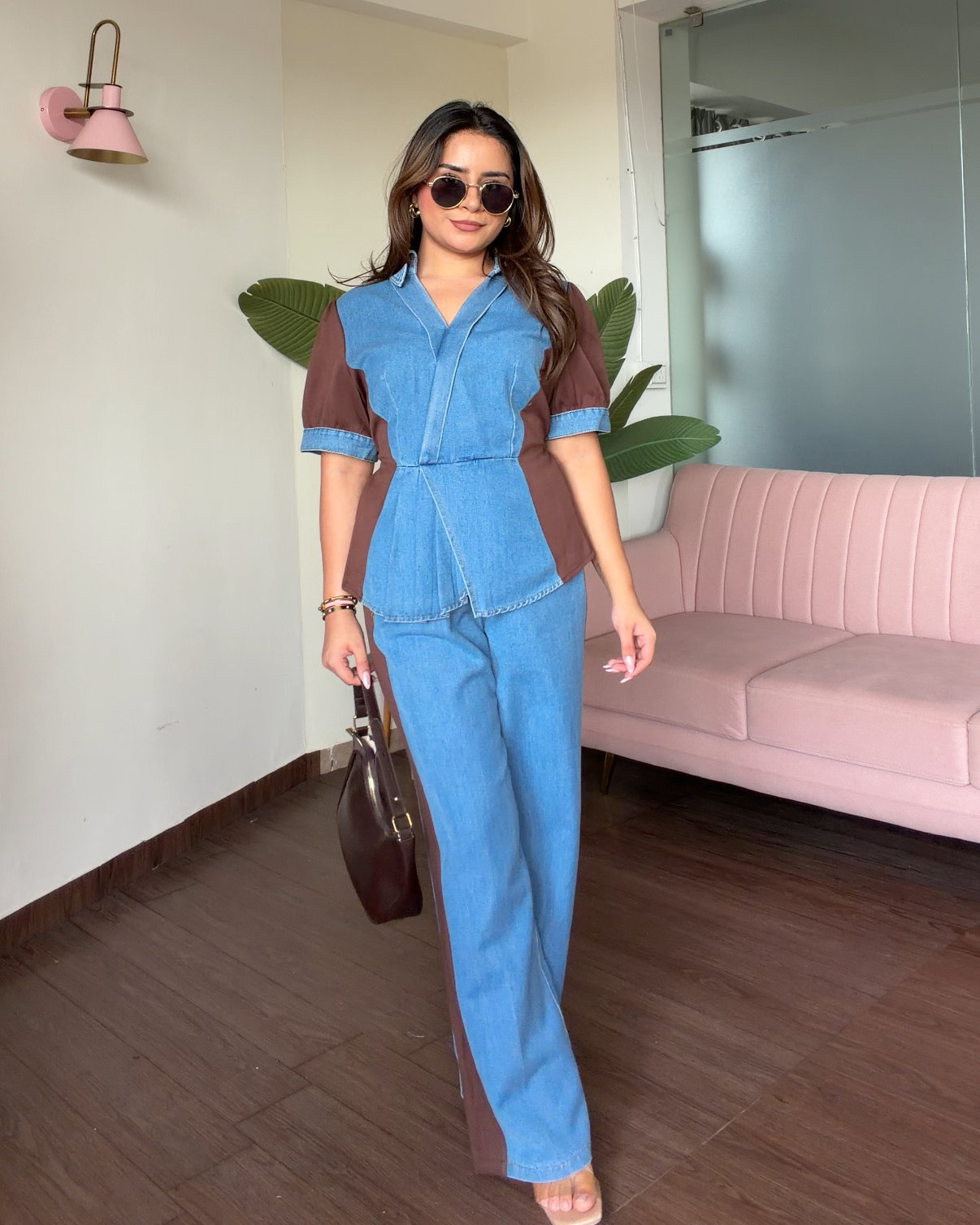 Contrast Detailing Peplum Denim Co-ord Set