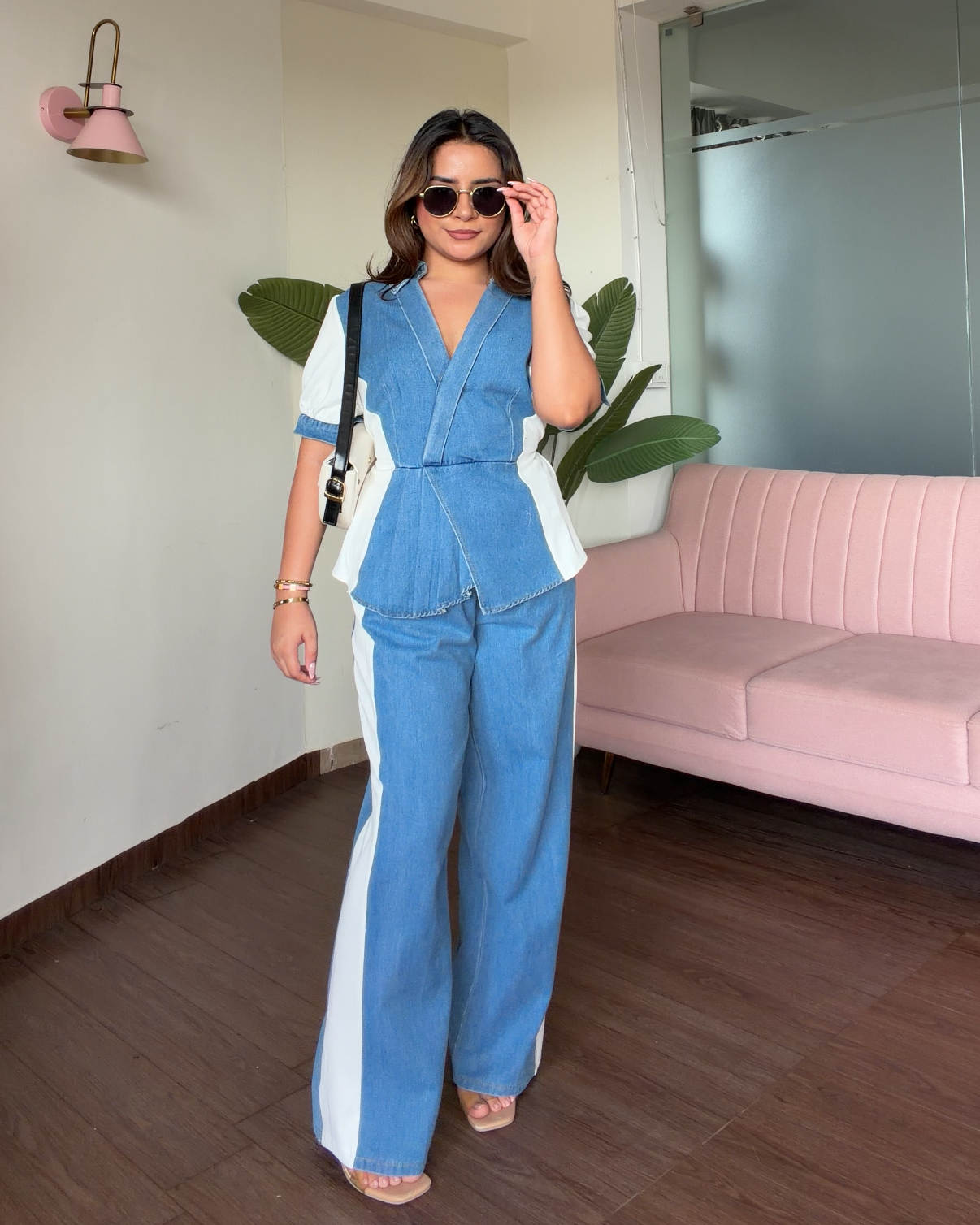 Contrast Detailing Peplum Denim Co-ord Set